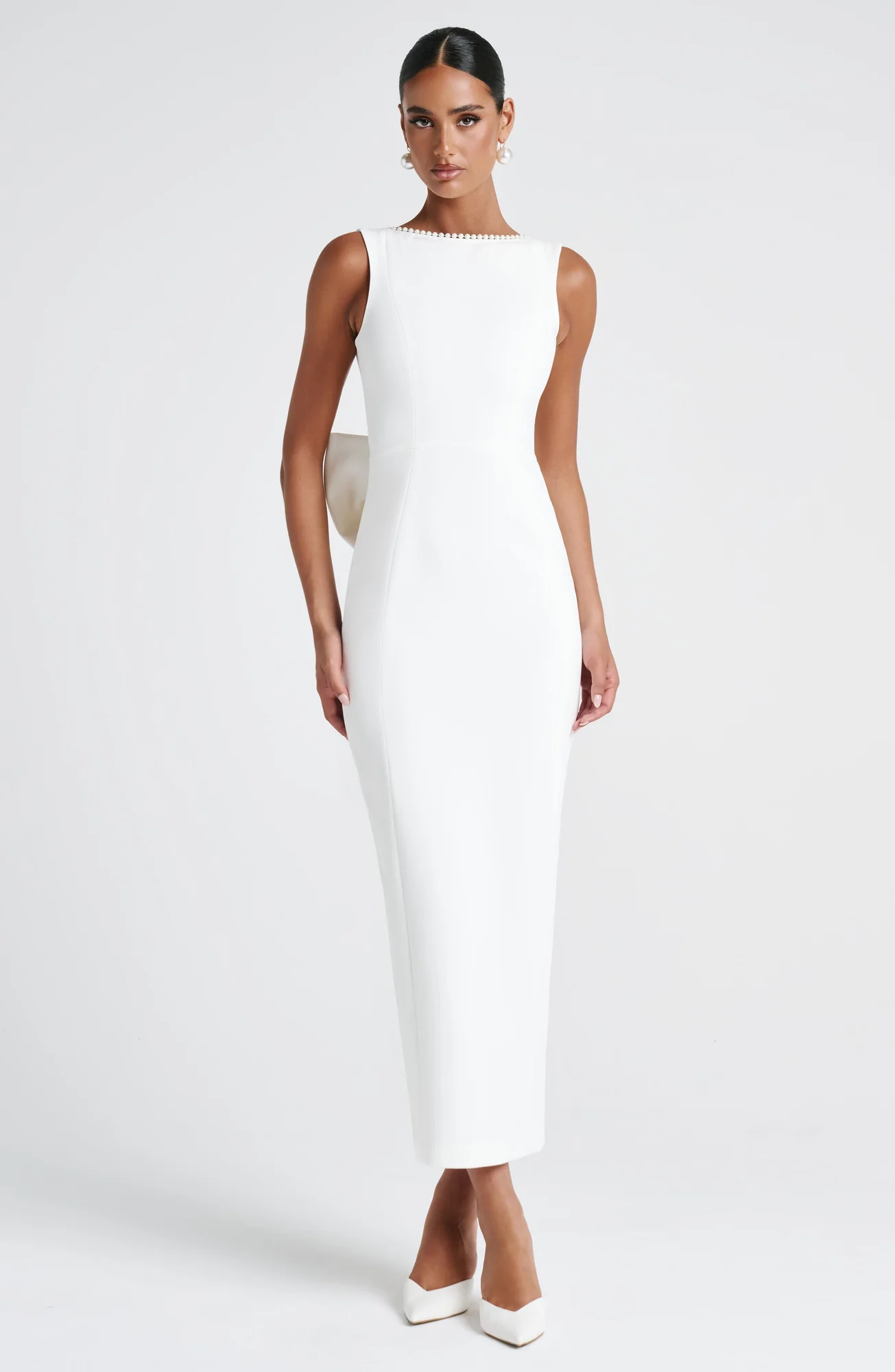 Ivory Crepe Lana Midaxi Dress with Pearl Trim - Elegant Statement Piece