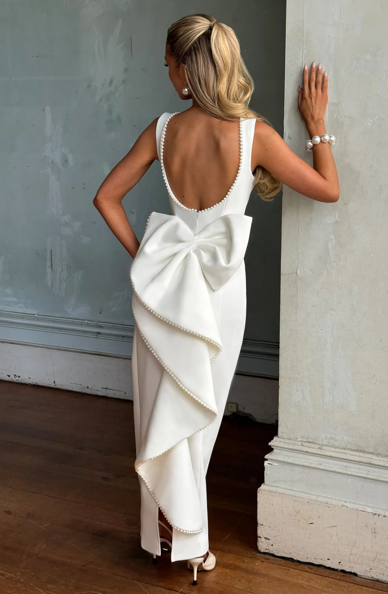Ivory Crepe Lana Midaxi Dress with Pearl Trim - Elegant Statement Piece