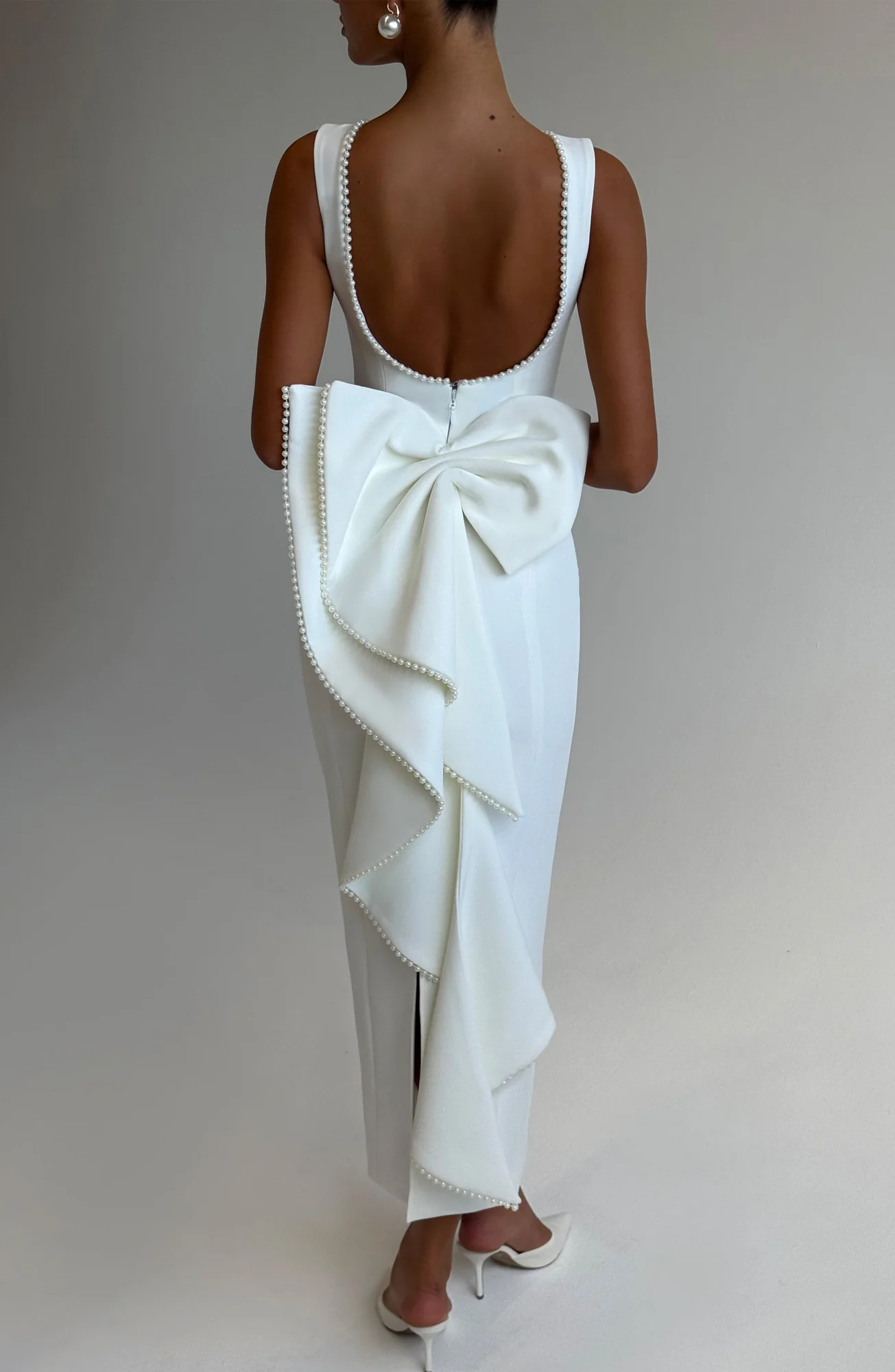 Ivory Crepe Lana Midaxi Dress with Pearl Trim - Elegant Statement Piece