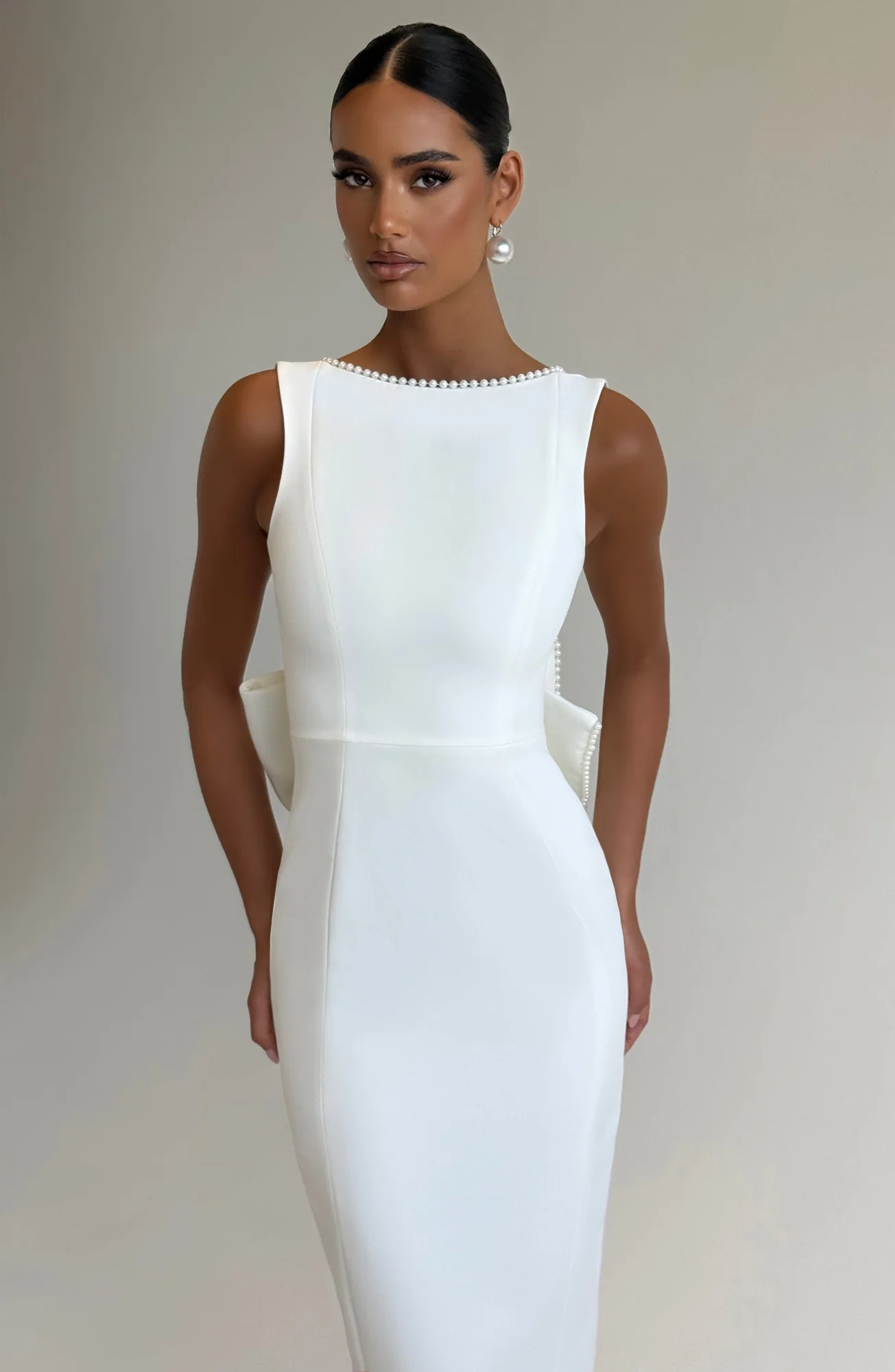 Ivory Crepe Lana Midaxi Dress with Pearl Trim - Elegant Statement Piece