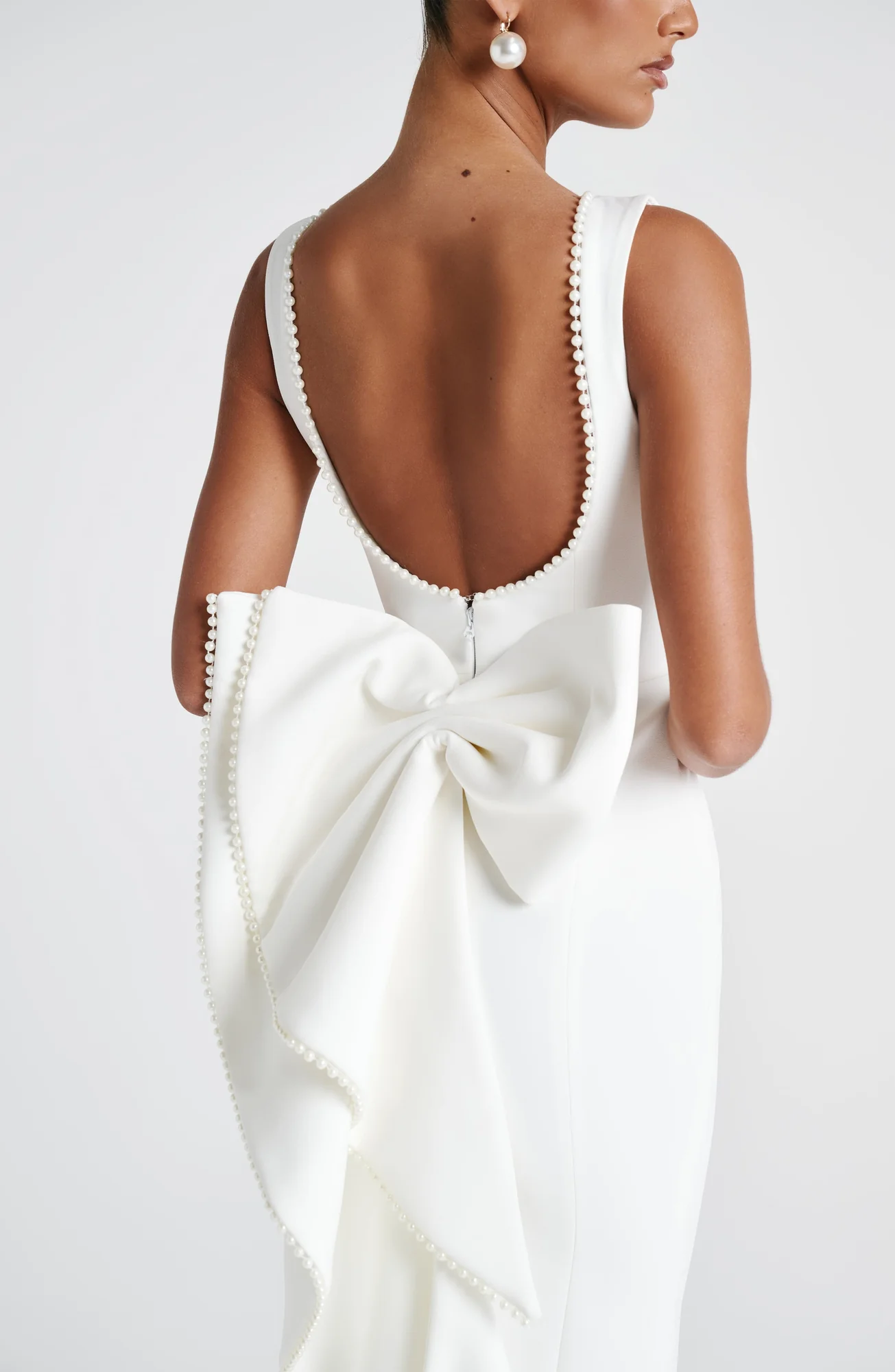 Ivory Crepe Lana Midaxi Dress with Pearl Trim - Elegant Statement Piece