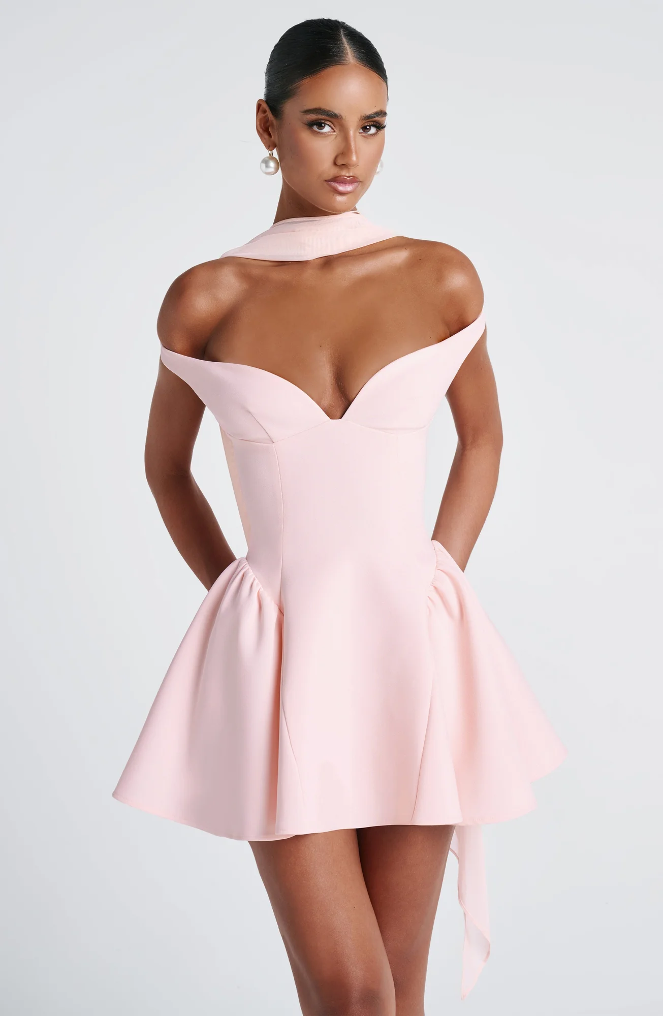 Blush Mini Dress with Bardot Neckline - Feminine & Flirty