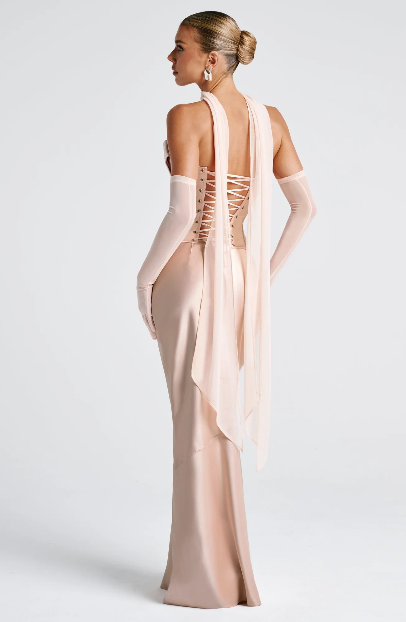 Soft Peach Bias-Cut Maxi Skirt | Elegant Draping