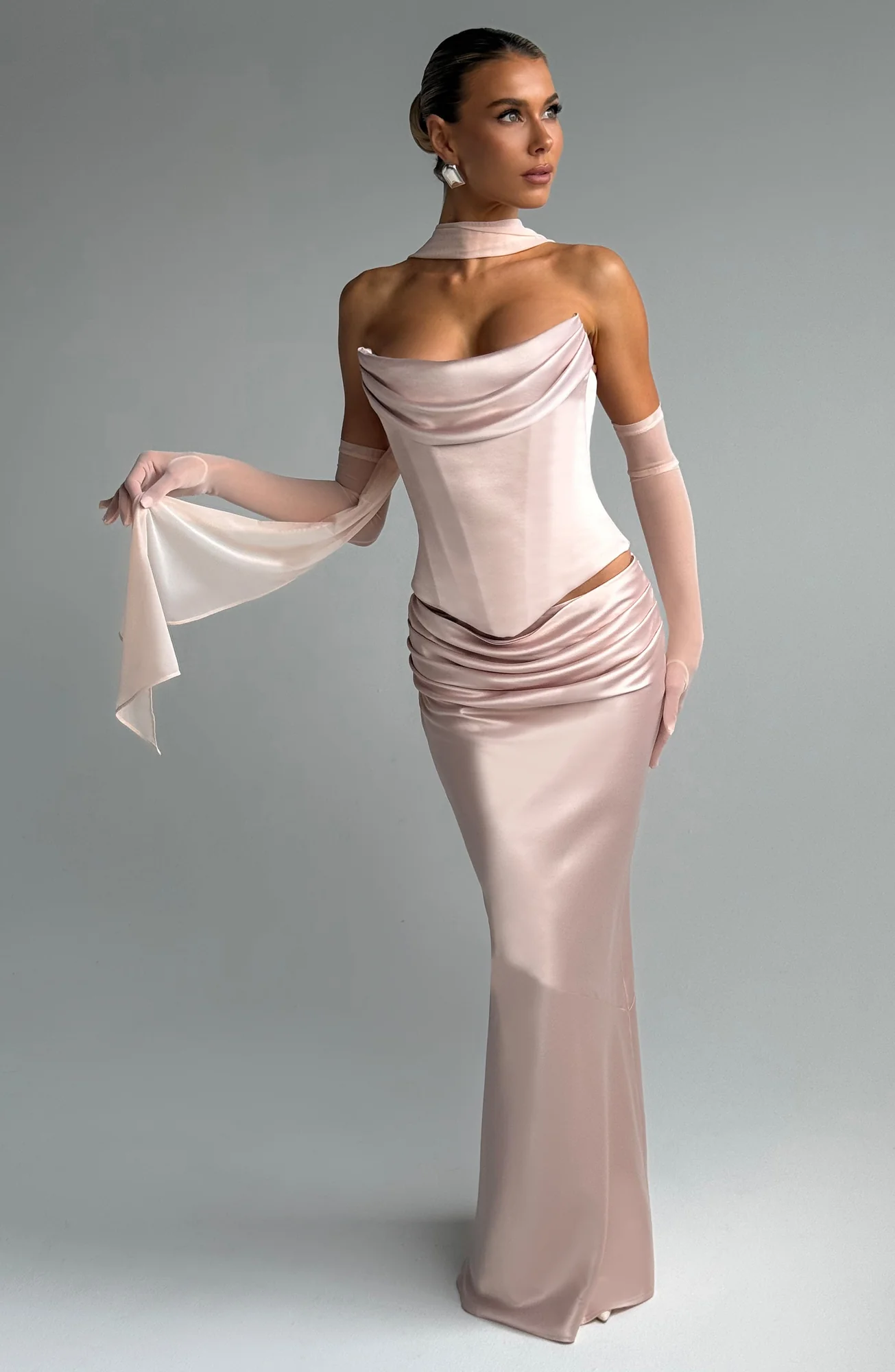 Soft Peach Bias-Cut Maxi Skirt | Elegant Draping