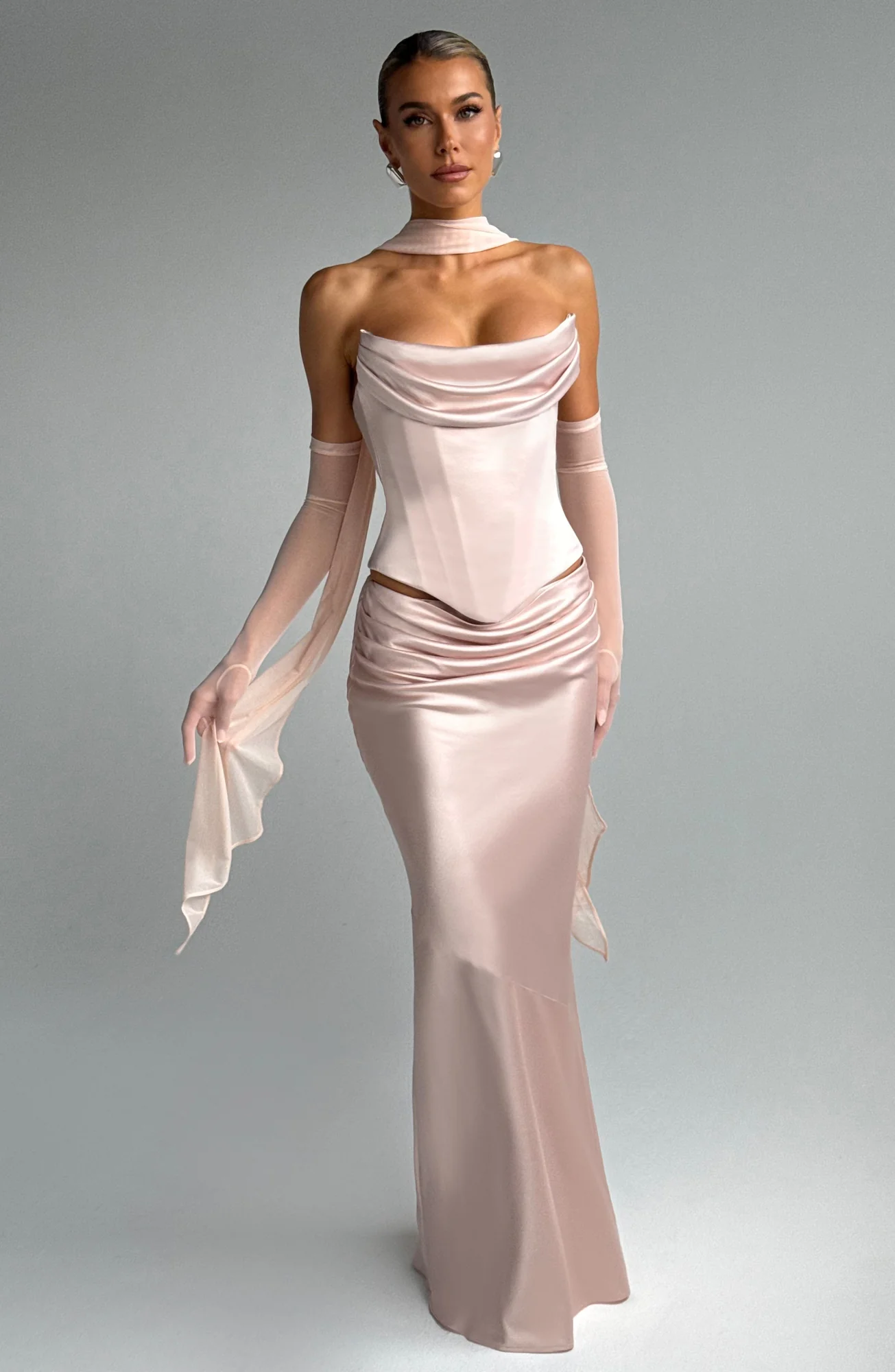 Soft Peach Bias-Cut Maxi Skirt | Elegant Draping