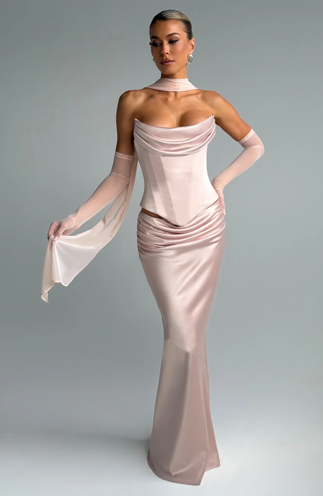 Soft Peach Bias-Cut Maxi Skirt | Elegant Draping