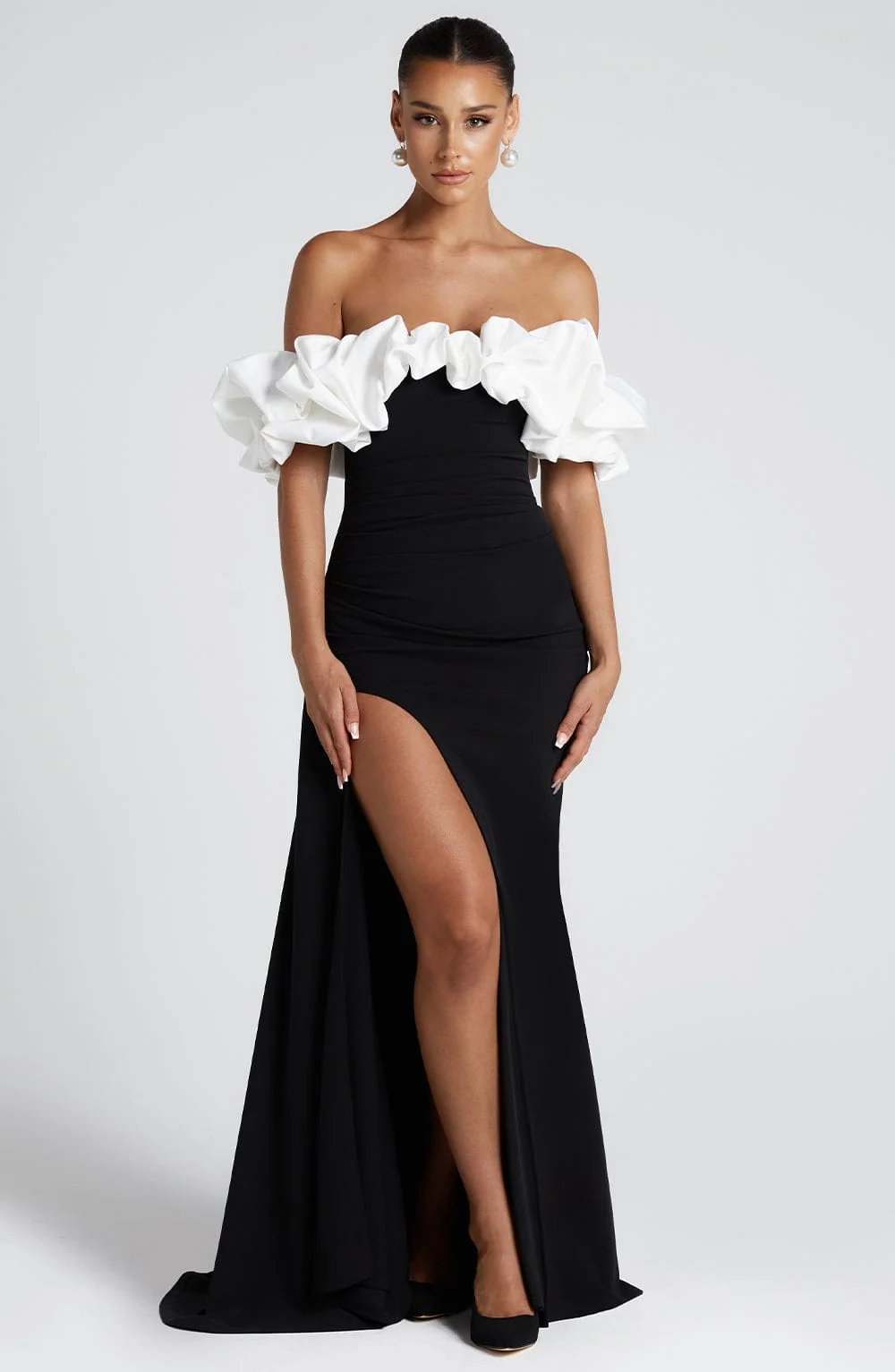 Black and White Bardot Maxi Dress - Elegant Formal Gown