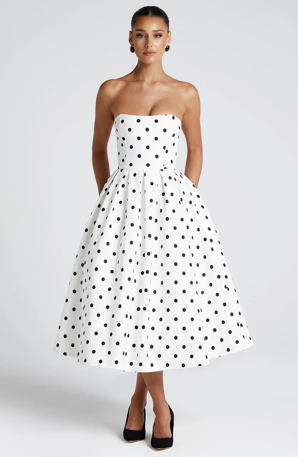 Vintage-Inspired Black Polka Dot Midi Dress With Boned Bodice