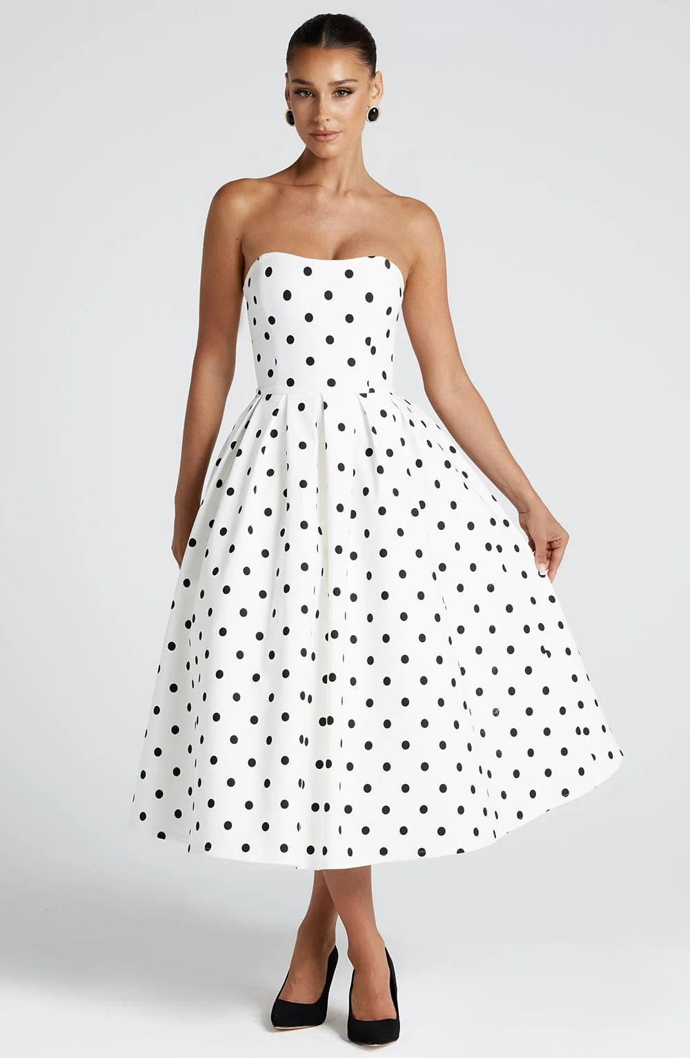 Vintage-Inspired Black Polka Dot Midi Dress With Boned Bodice