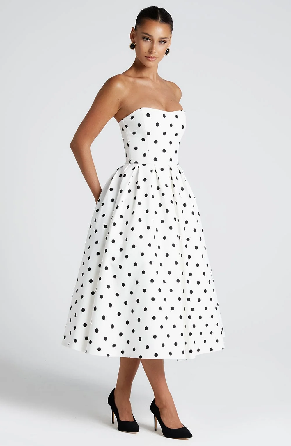 Vintage-Inspired Black Polka Dot Midi Dress With Boned Bodice