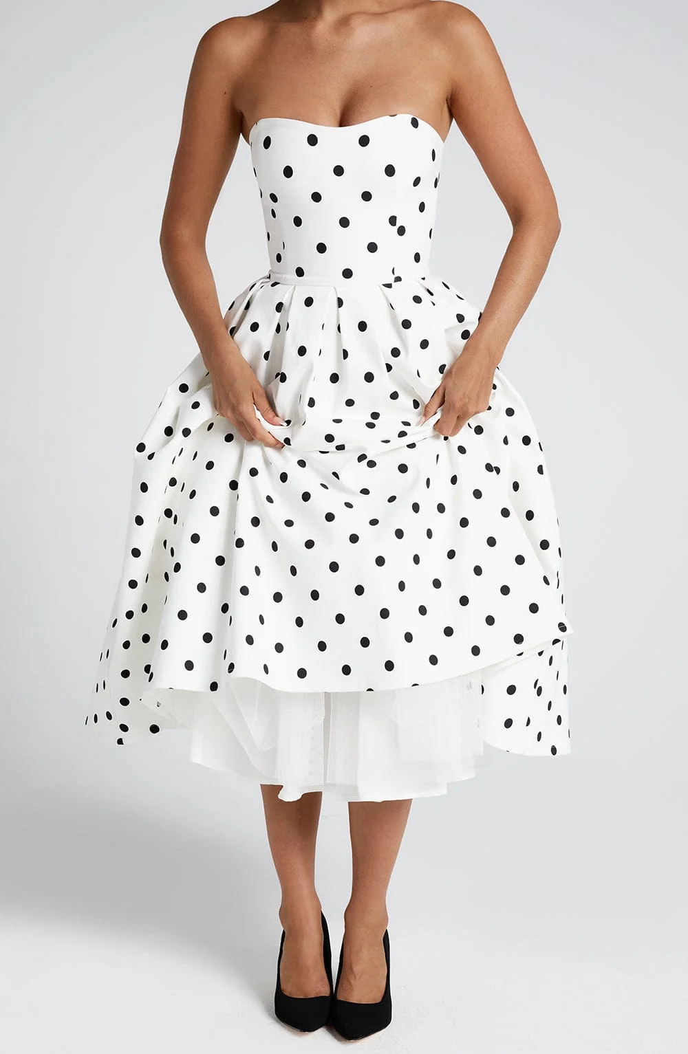 Vintage-Inspired Black Polka Dot Midi Dress With Boned Bodice