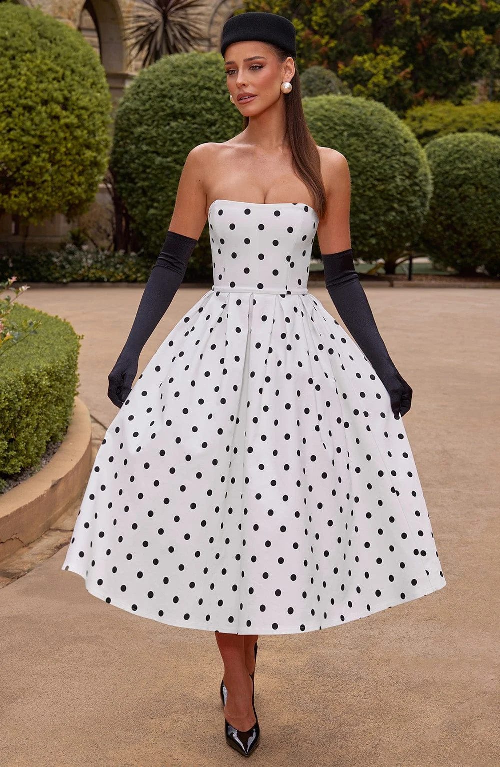 Vintage-Inspired Black Polka Dot Midi Dress With Boned Bodice