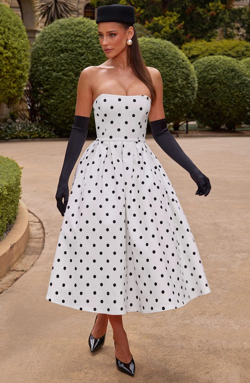 Vintage-Inspired Black Polka Dot Midi Dress With Boned Bodice