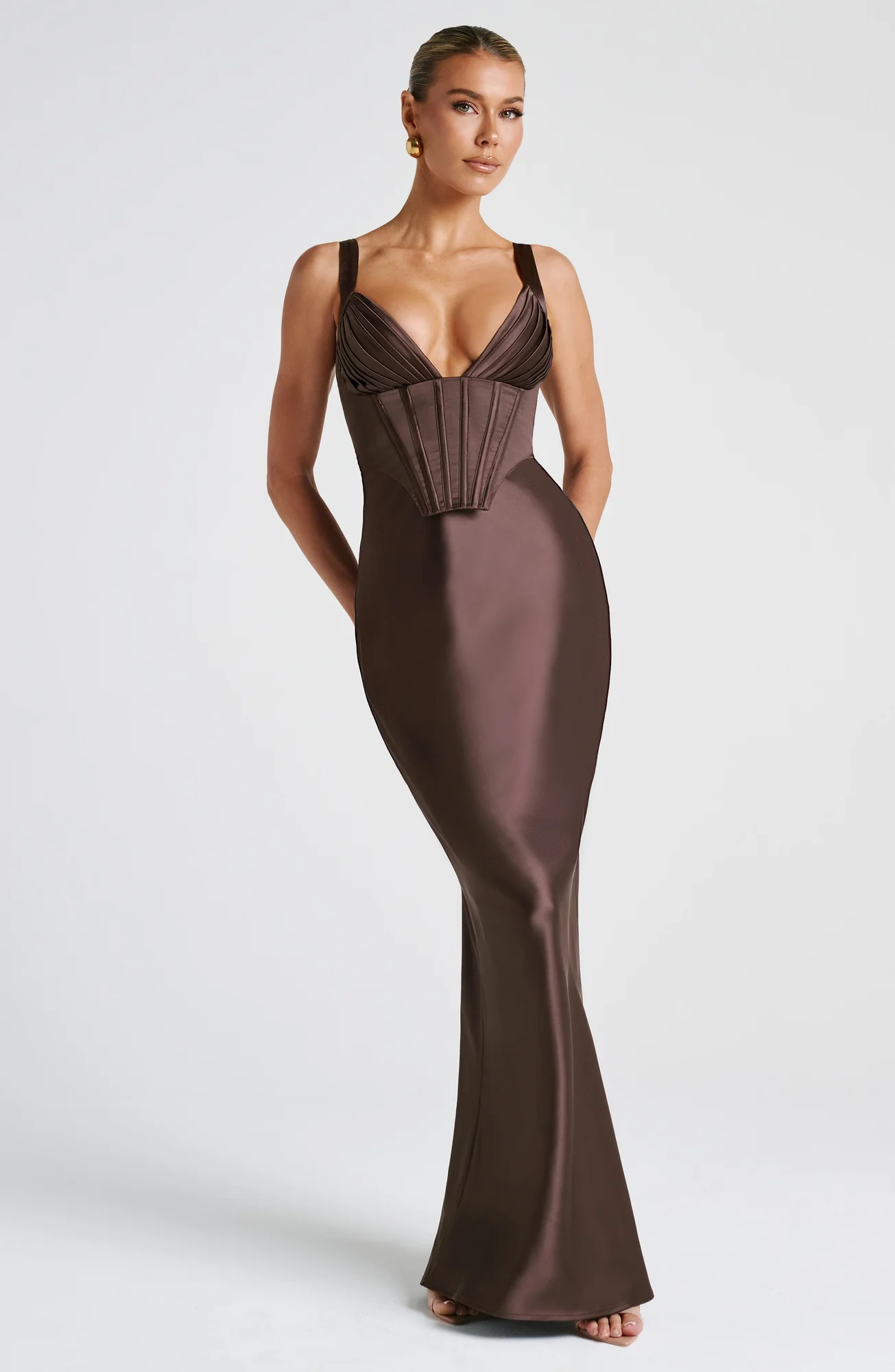 Plum Brown Satin Maxi Dress with Lace-Up Back