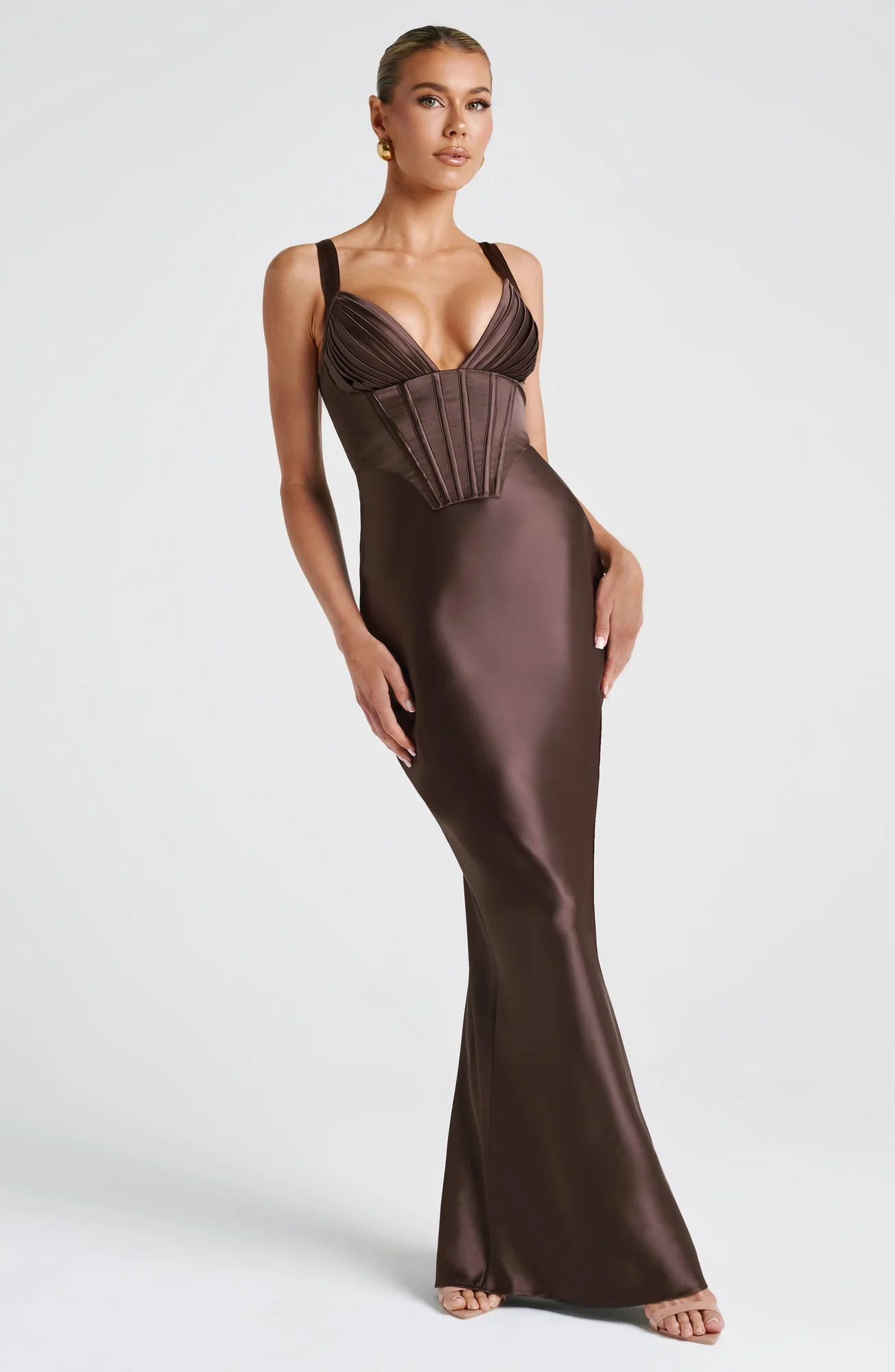 Plum Brown Satin Maxi Dress with Lace-Up Back