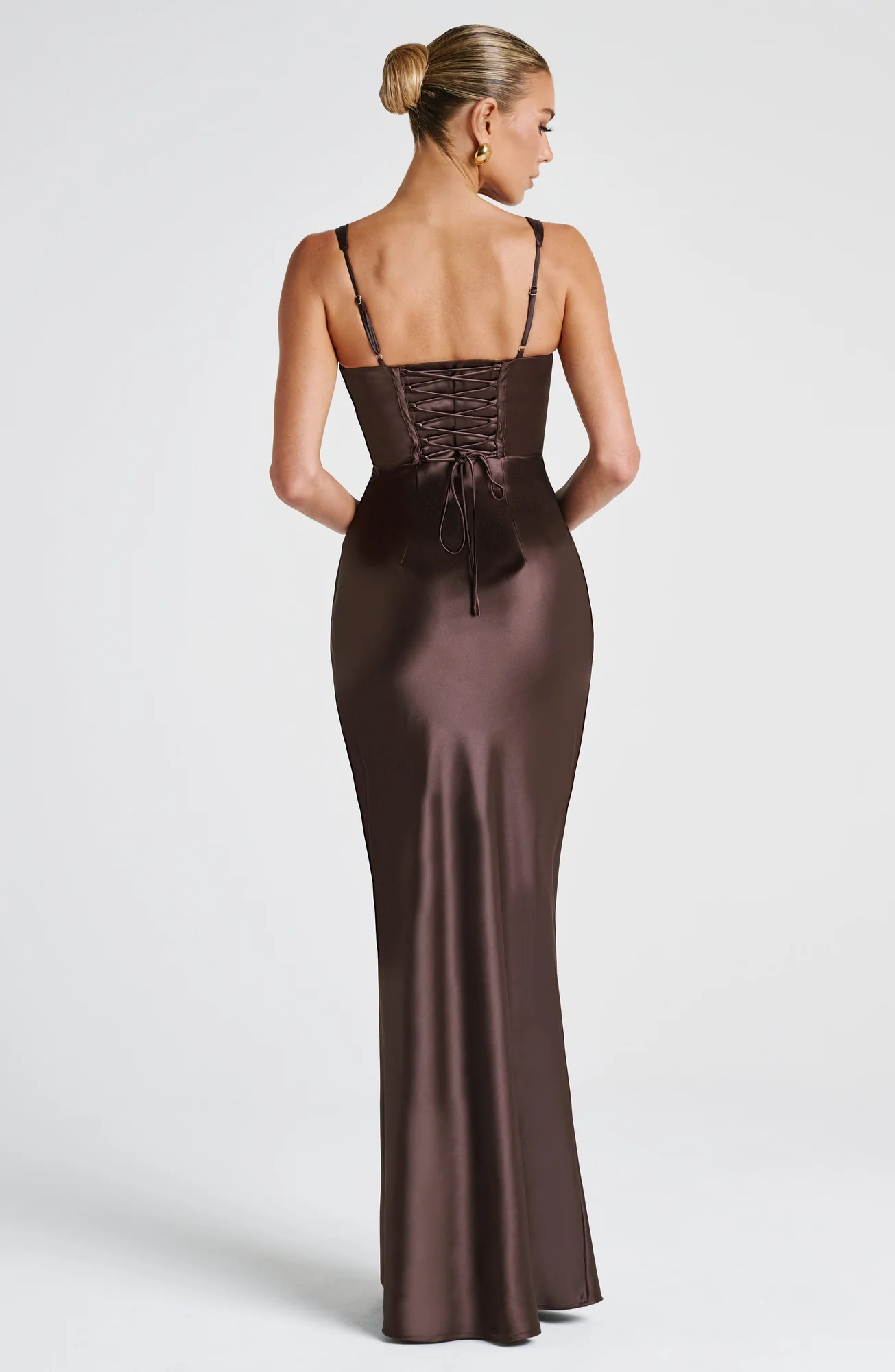 Plum Brown Satin Maxi Dress with Lace-Up Back