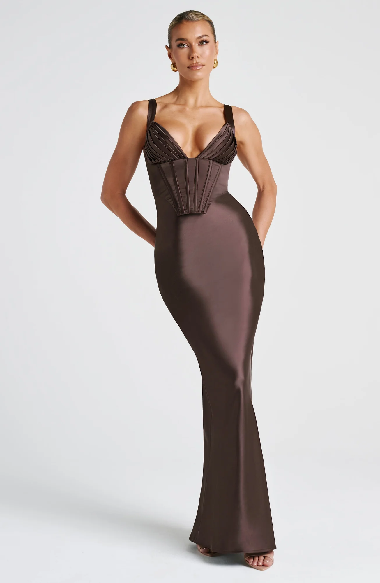 Plum Brown Satin Maxi Dress with Lace-Up Back