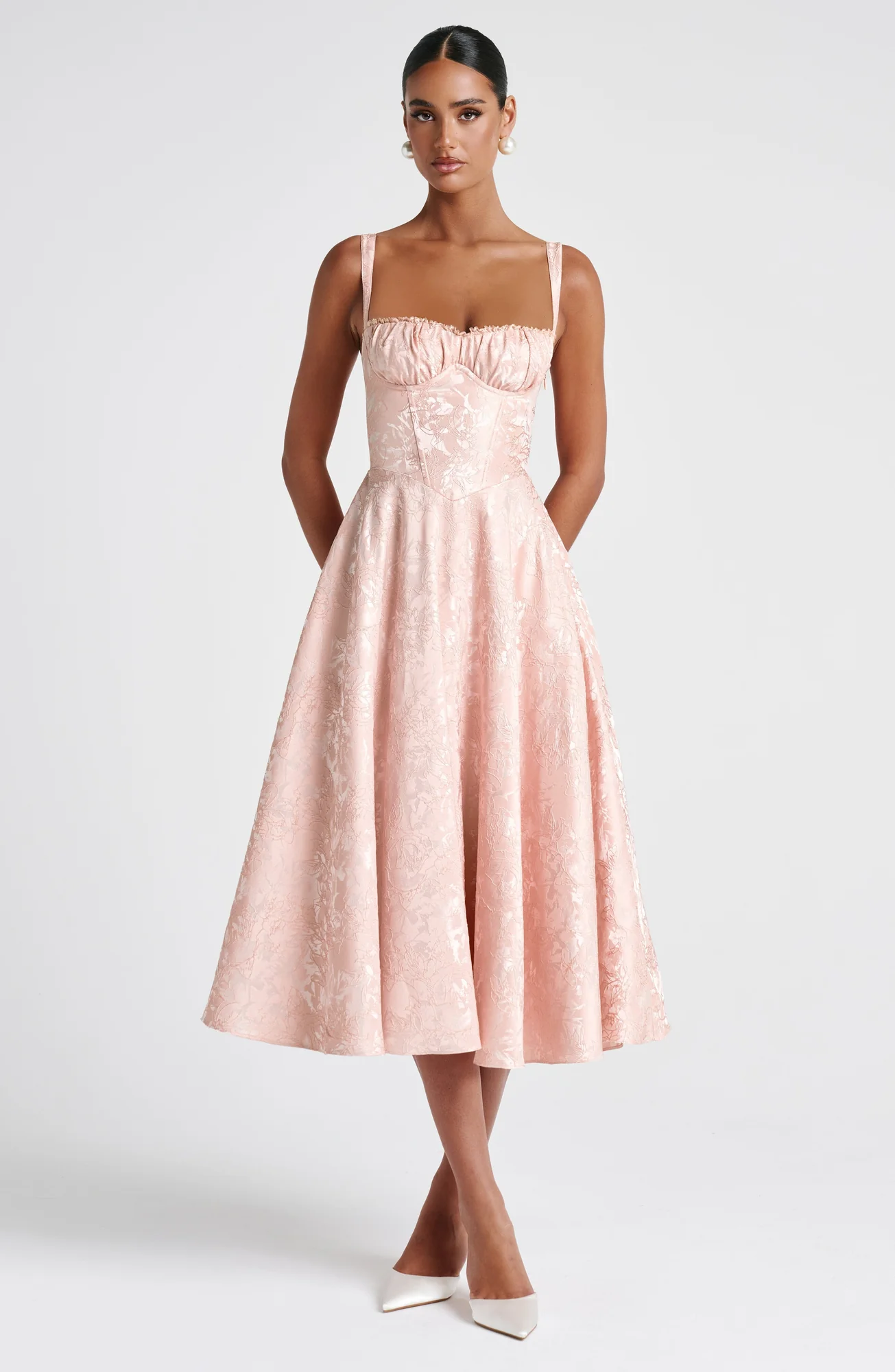 Floral Jacquard Midi Dress - Soft Peach Elegant Design