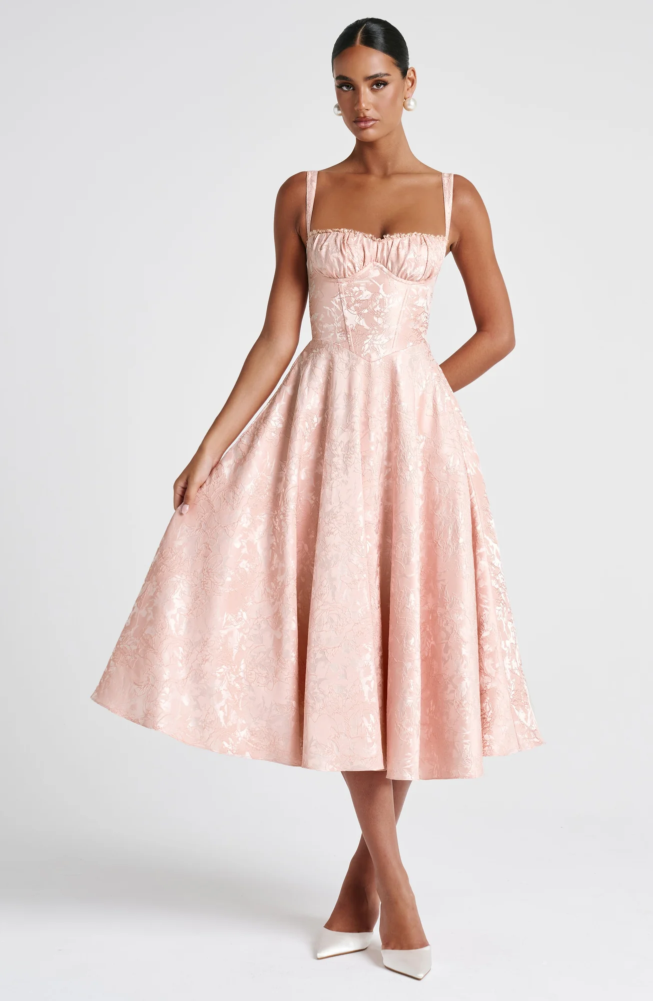 Floral Jacquard Midi Dress - Soft Peach Elegant Design