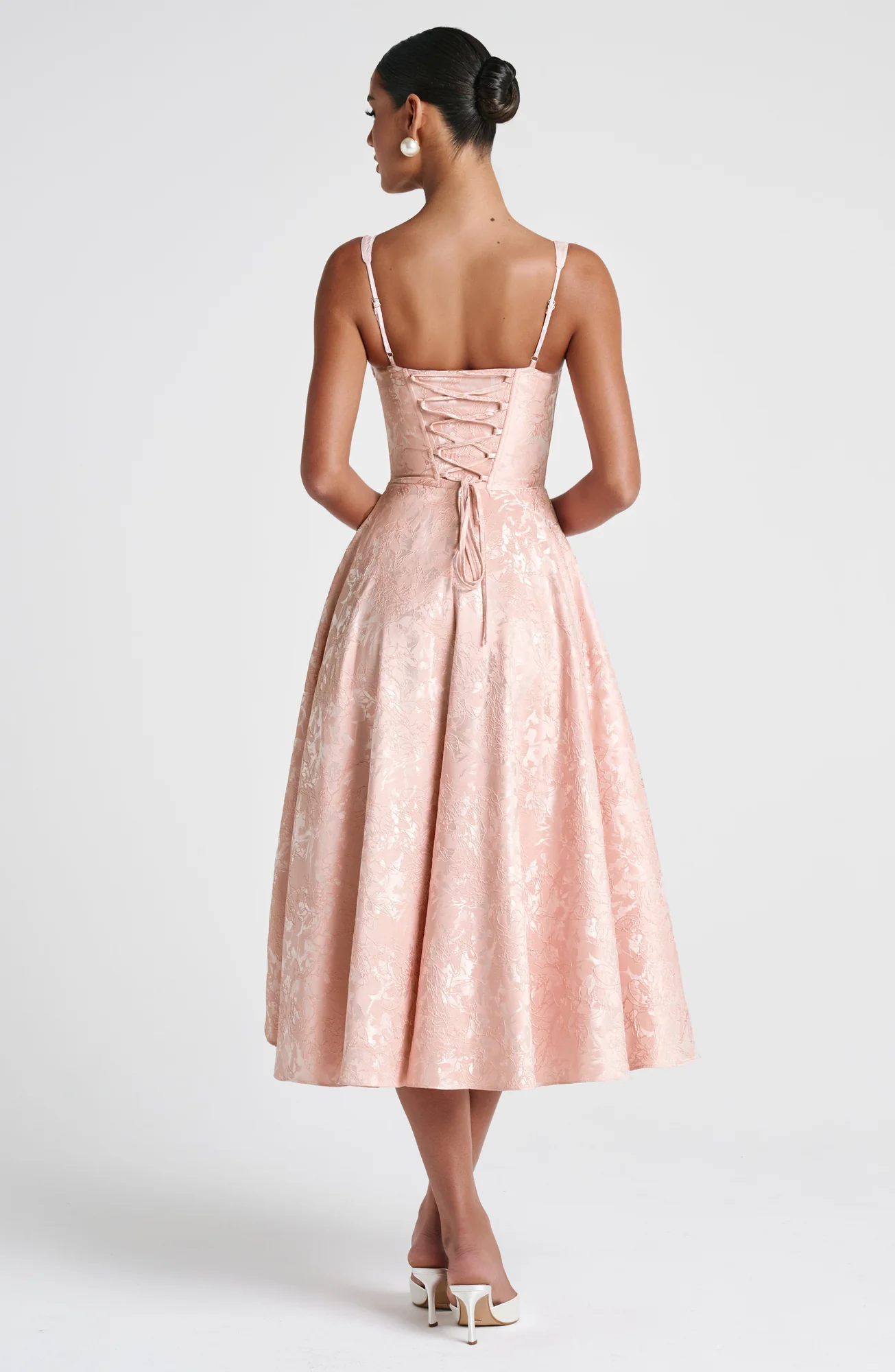 Floral Jacquard Midi Dress - Soft Peach Elegant Design