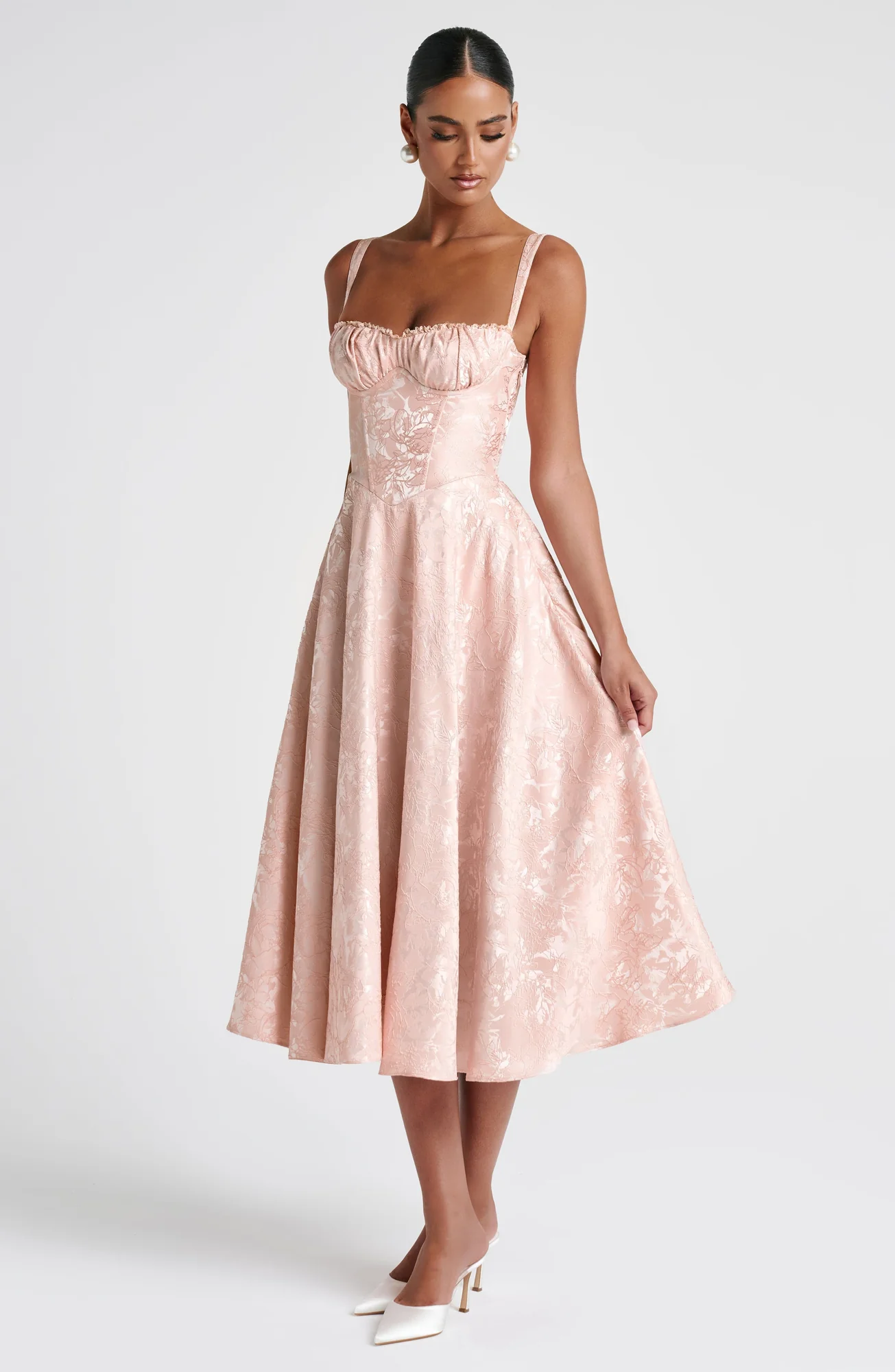 Floral Jacquard Midi Dress - Soft Peach Elegant Design
