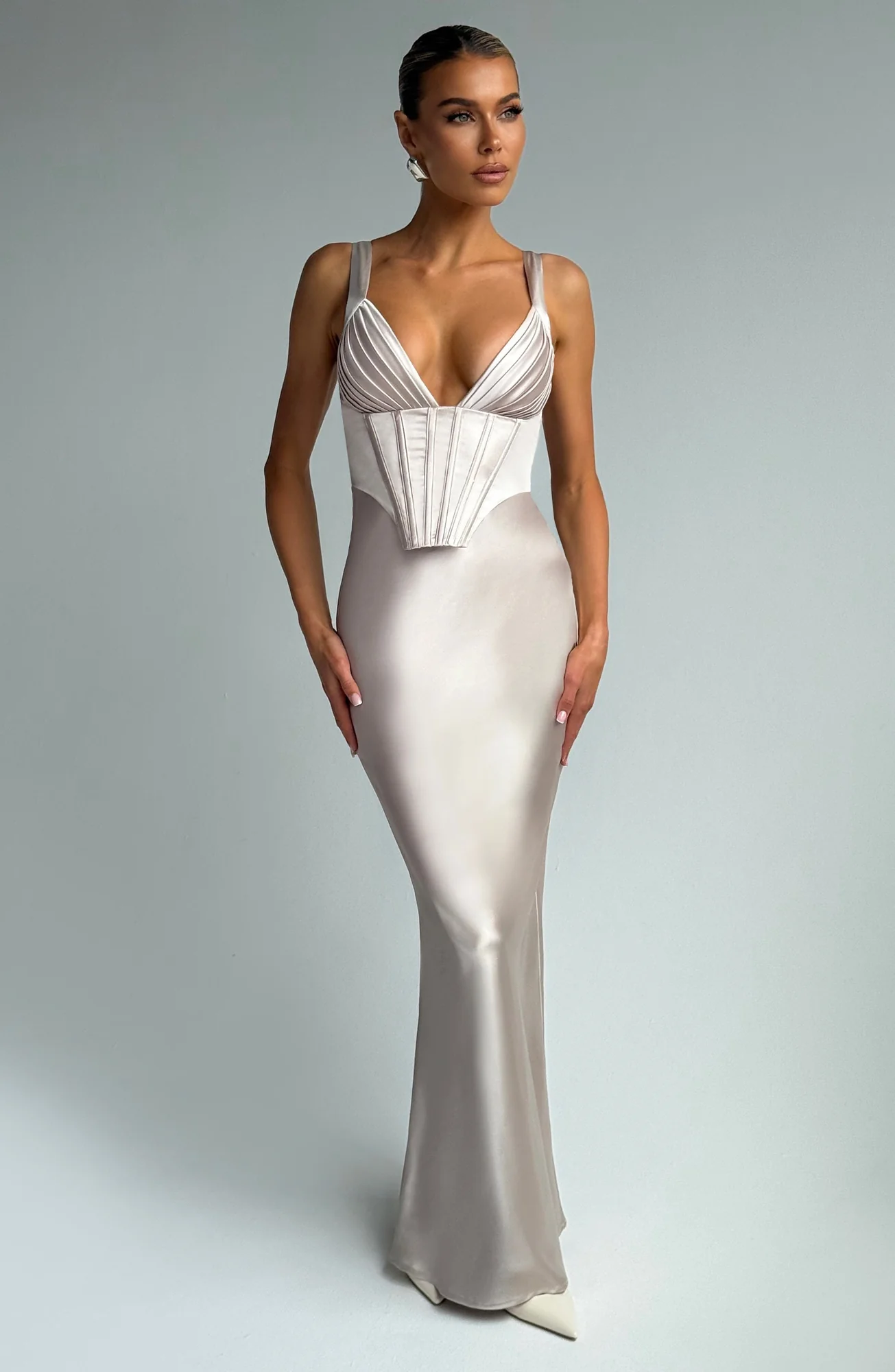 Elegant Shell Maxi Dress with Boned Corset Overlay