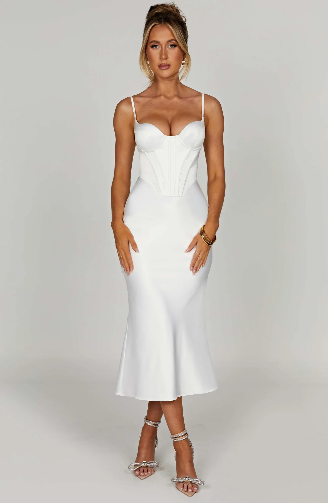 Ivory Bias Cut Satin Corset Midi Dress