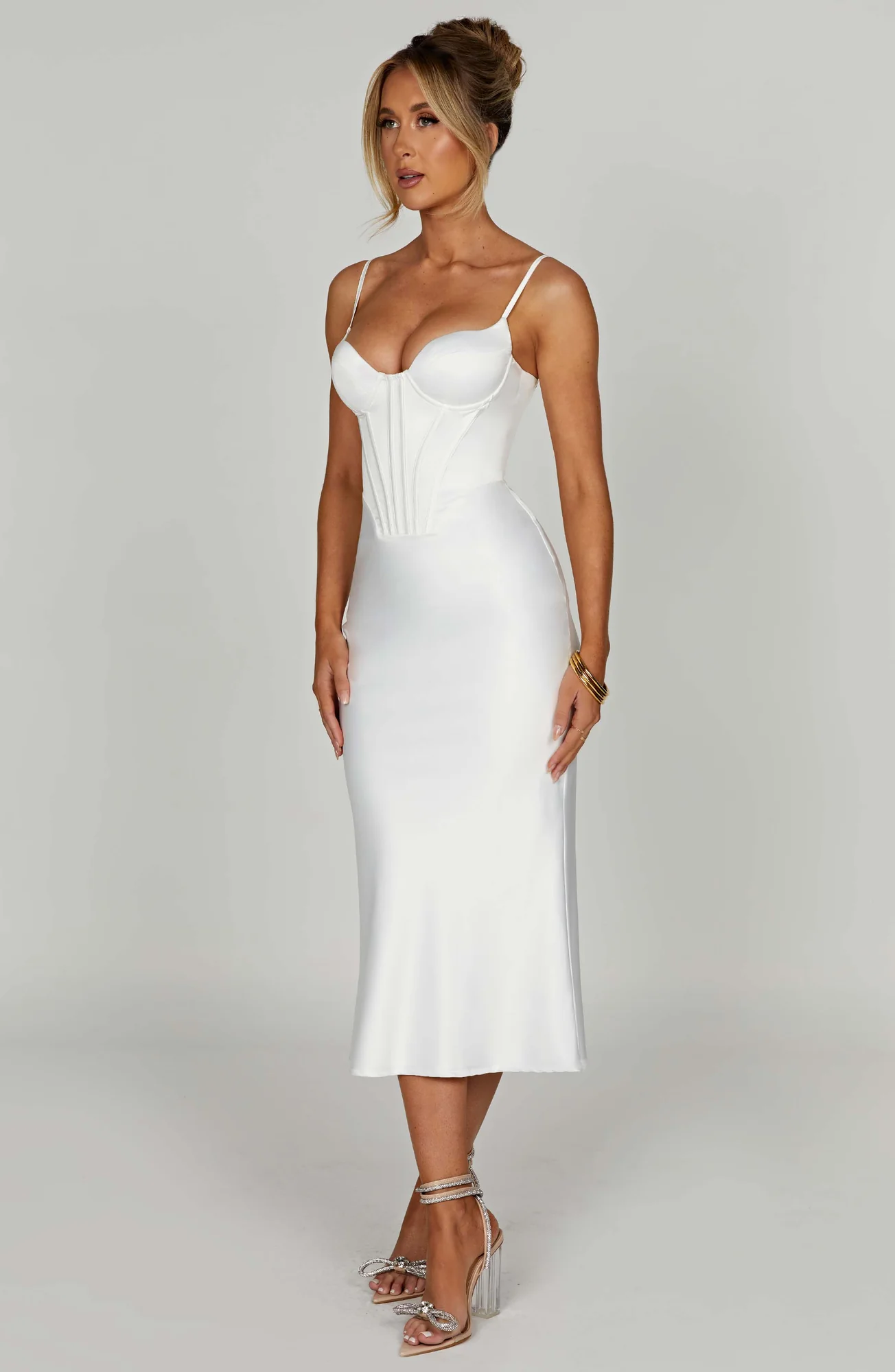 Ivory Bias Cut Satin Corset Midi Dress