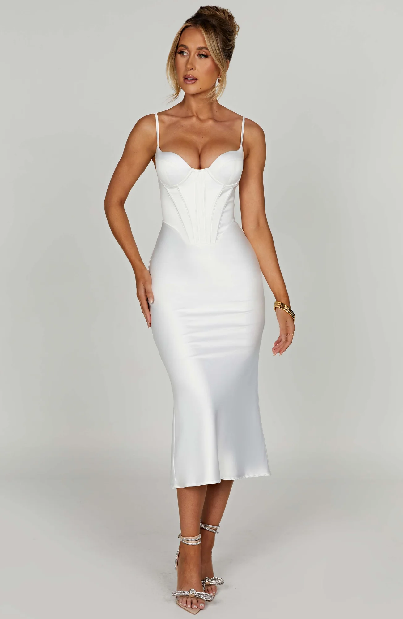 Ivory Bias Cut Satin Corset Midi Dress
