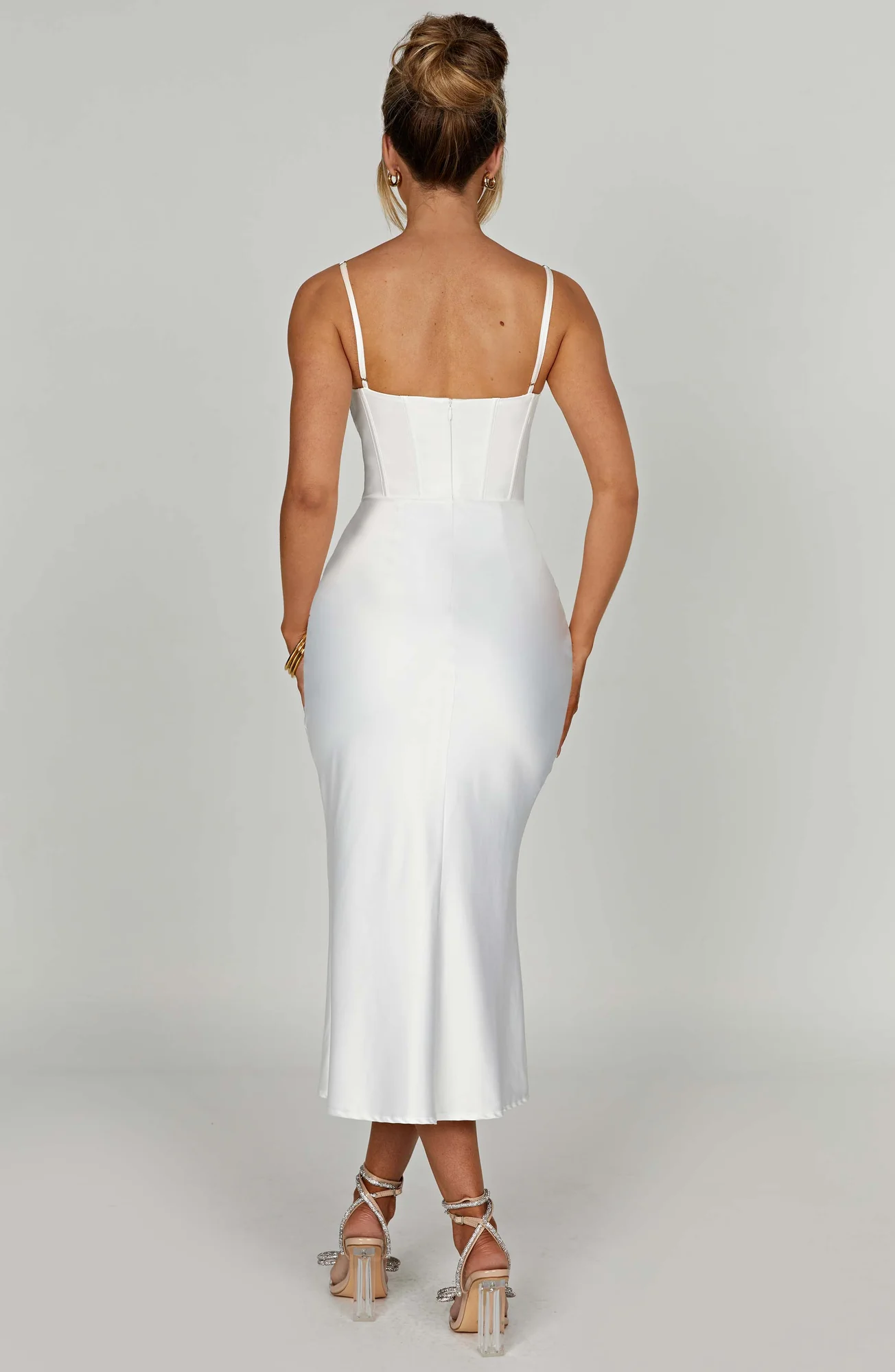 Ivory Bias Cut Satin Corset Midi Dress