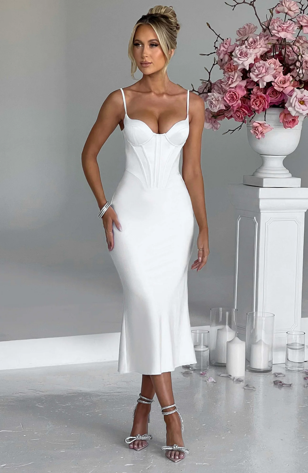 Ivory Bias Cut Satin Corset Midi Dress