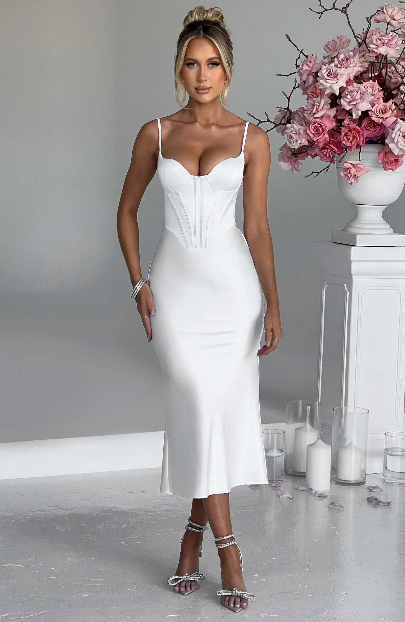 Ivory Bias Cut Satin Corset Midi Dress