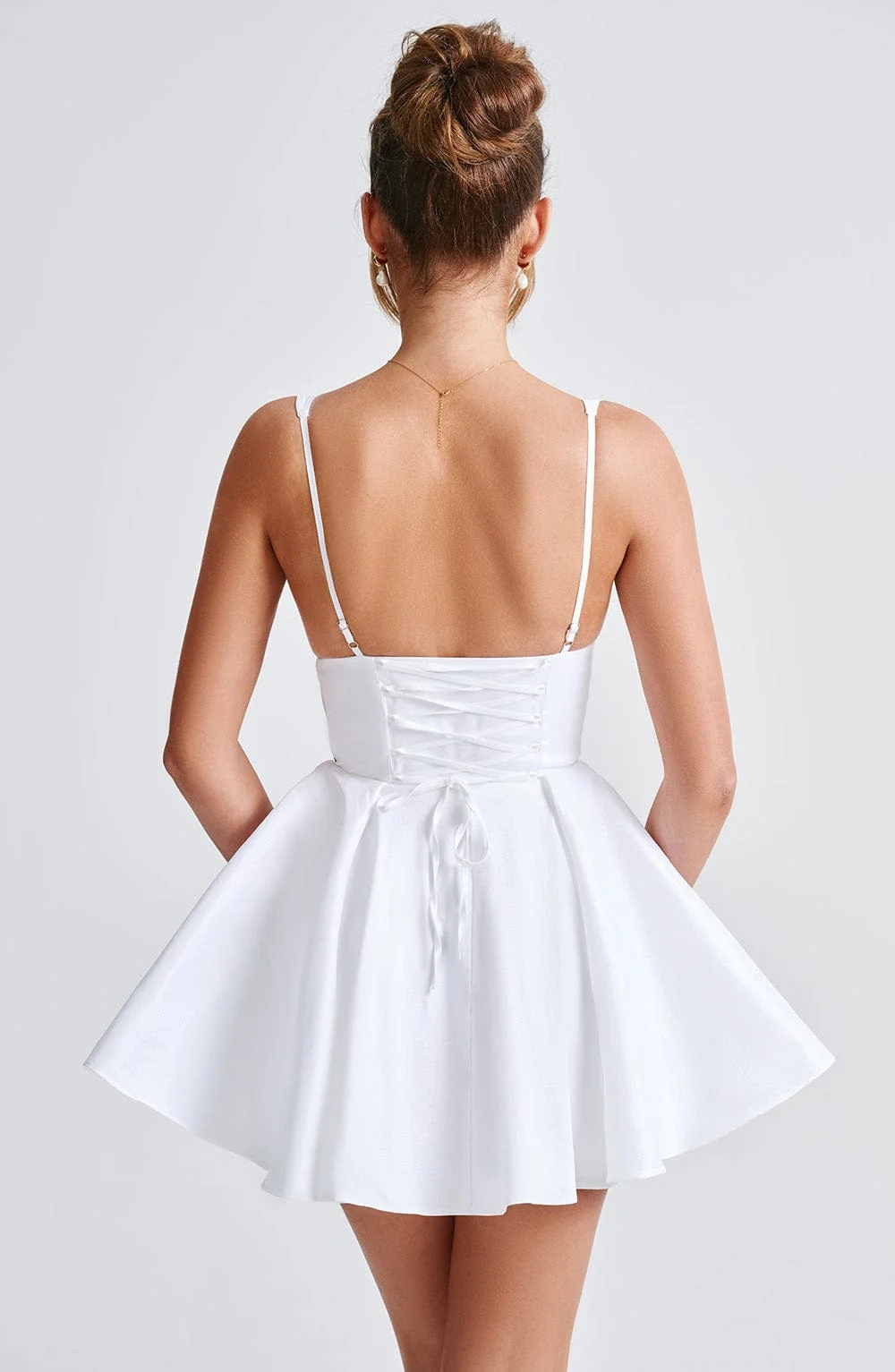 Ivory Taffeta Mini Dress with Lace-Up Back