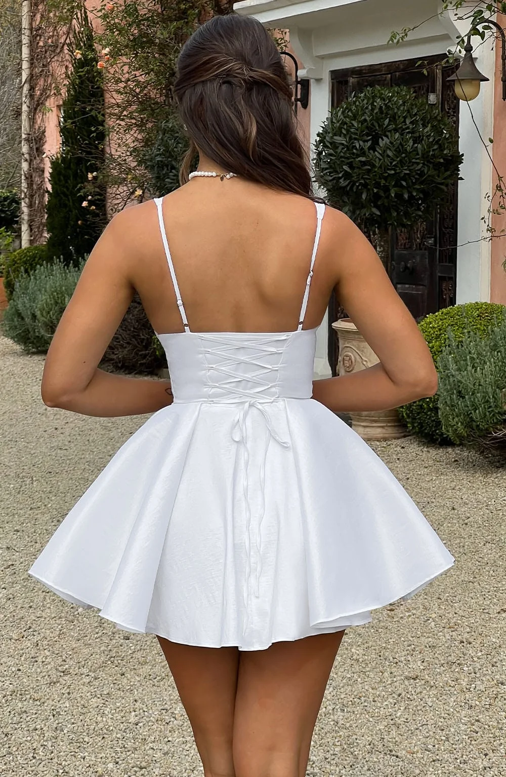 Ivory Taffeta Mini Dress with Lace-Up Back