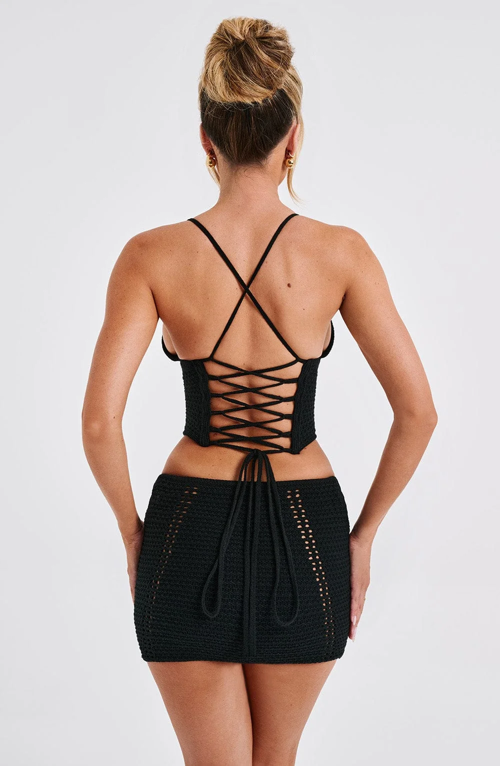 Crochet Knit Black Selma Top with Boning - Triangle Cups & Open Back