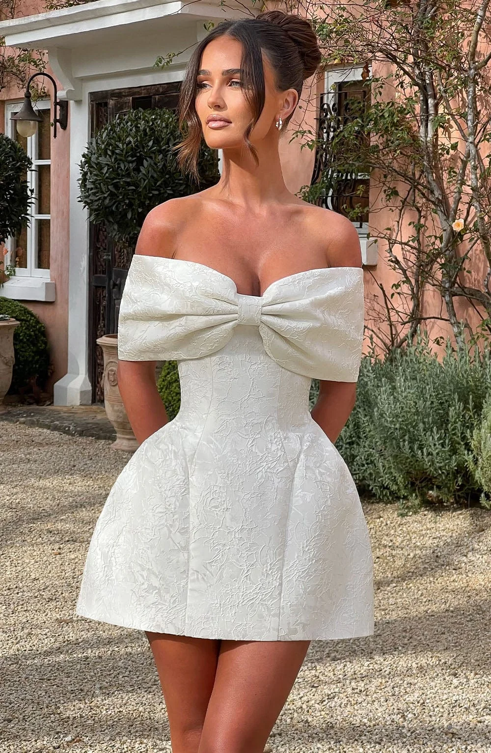 Ivory Floral Jacquard Mini Dress with Bardot Bow Neckline