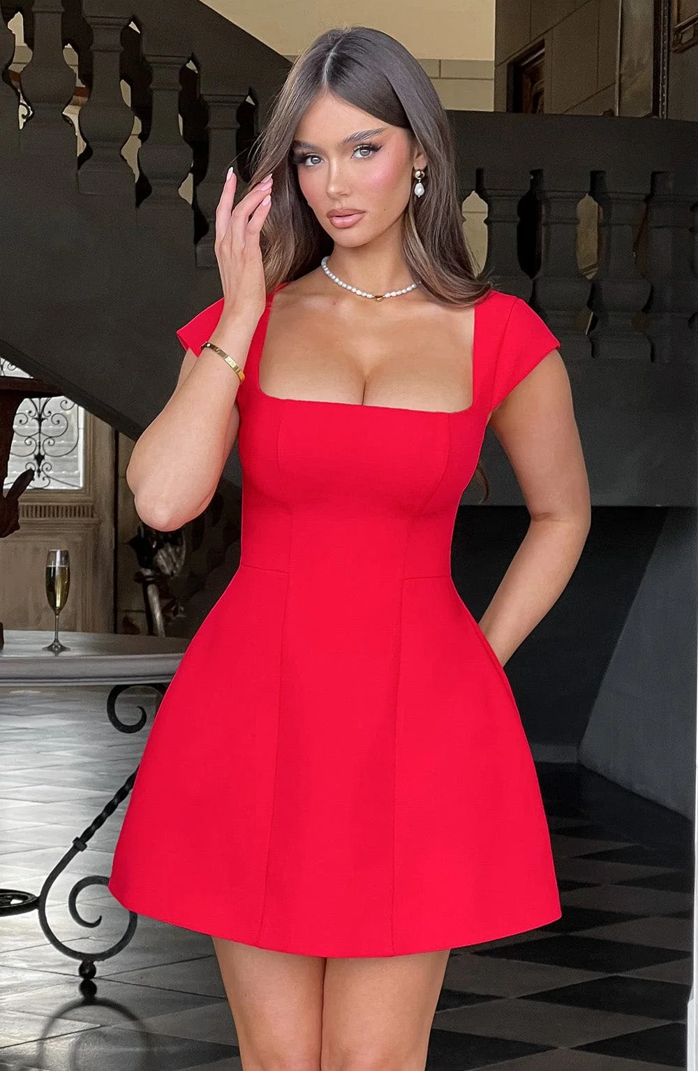 Red Crepe Bubblehem Mini Dress - Chic Waist-Cinching Design