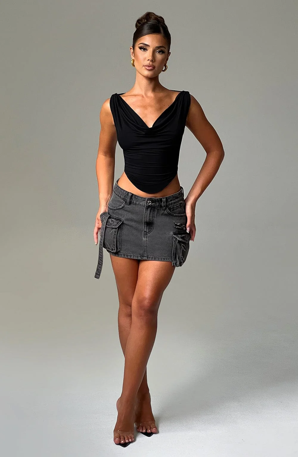 Black Slinky Cowl-Neck Franziska Crop Top for Women