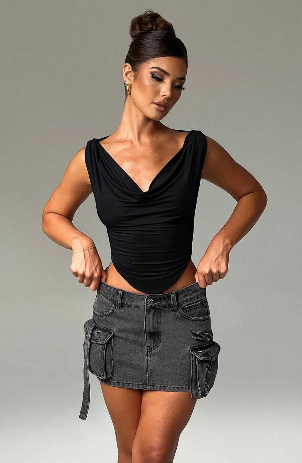 Black Slinky Cowl-Neck Franziska Crop Top for Women