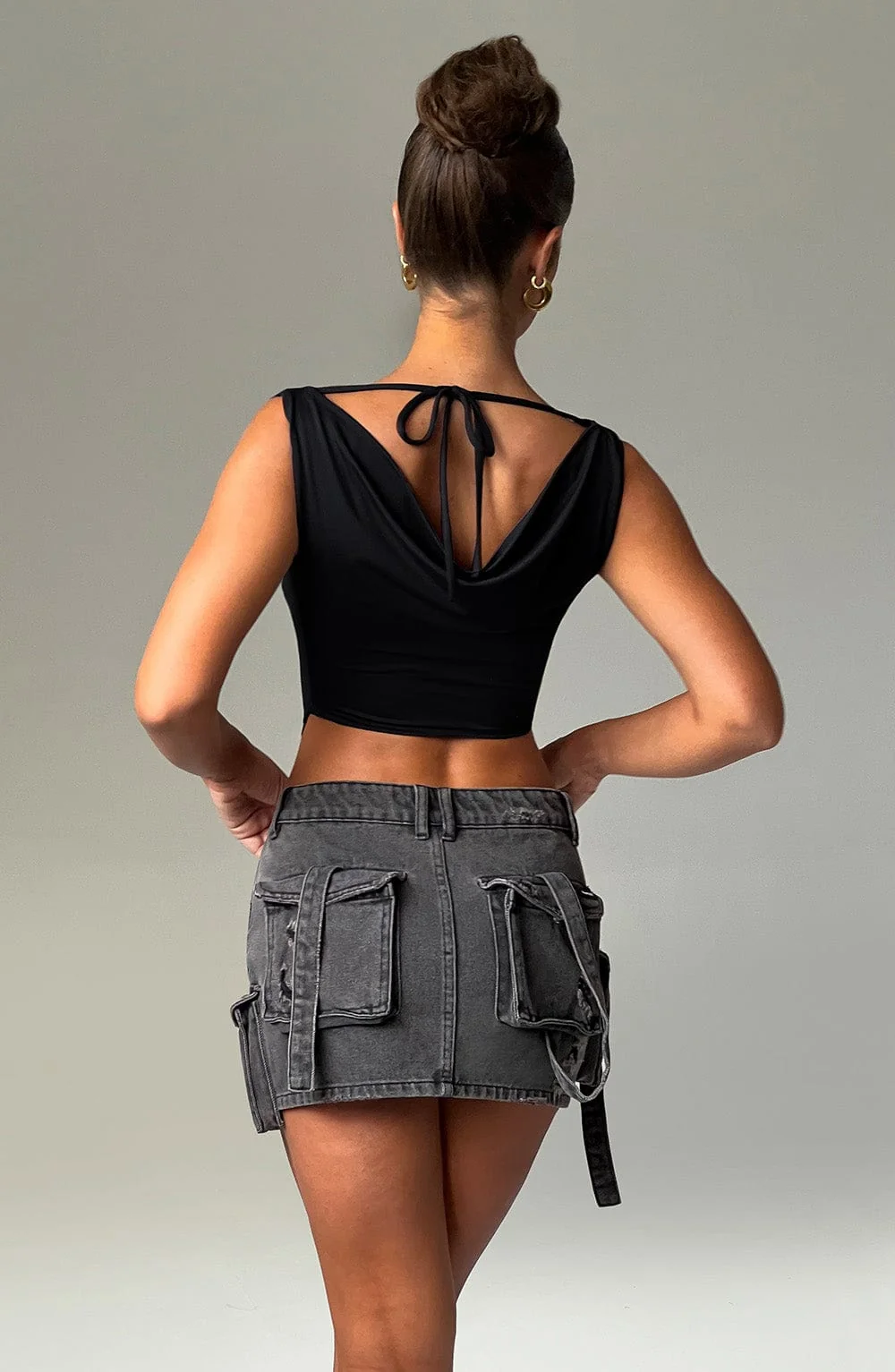 Black Slinky Cowl-Neck Franziska Crop Top for Women