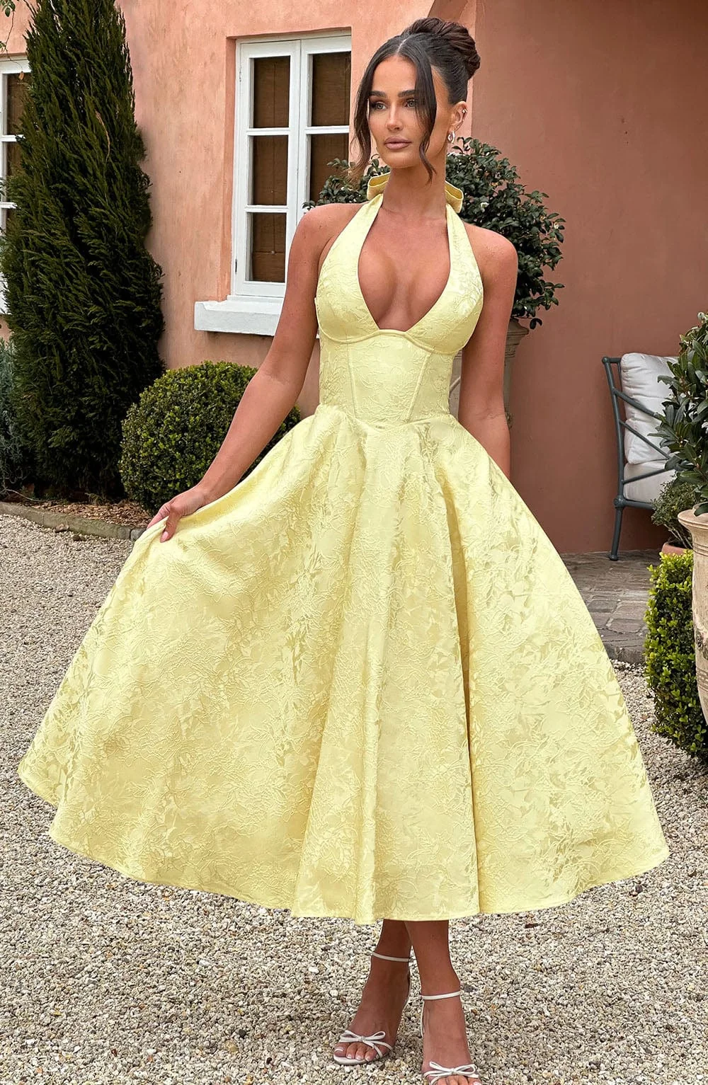 Floral Jacquard Midi Dress in Lemon Color - Elegant and Timeless