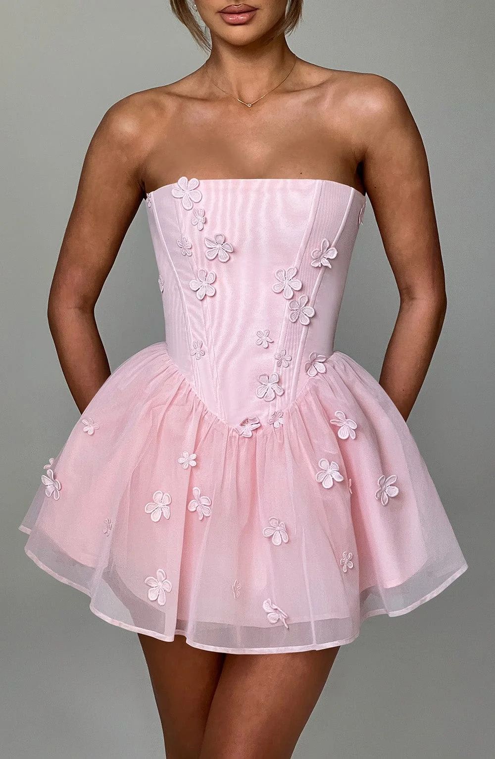 Blush Tulle Playsuit with Floral Appliques - XS-XXL