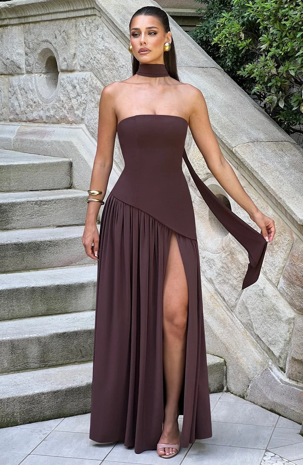 Plum Brown Asymmetrical Hem Maxi Dress with Thigh-High Split