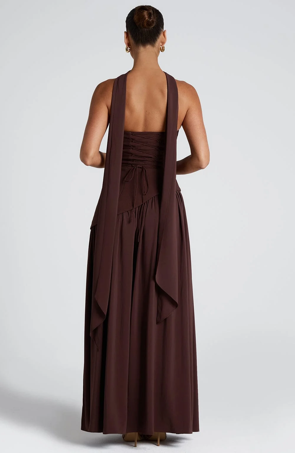 Plum Brown Asymmetrical Hem Maxi Dress with Thigh-High Split