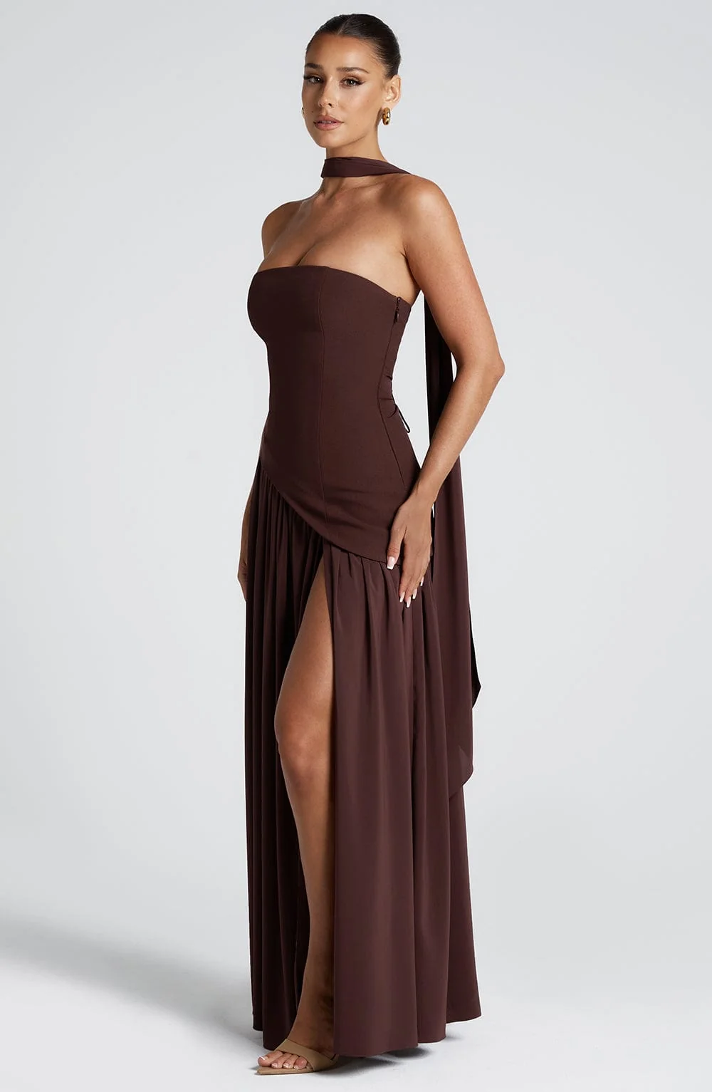 Plum Brown Asymmetrical Hem Maxi Dress with Thigh-High Split