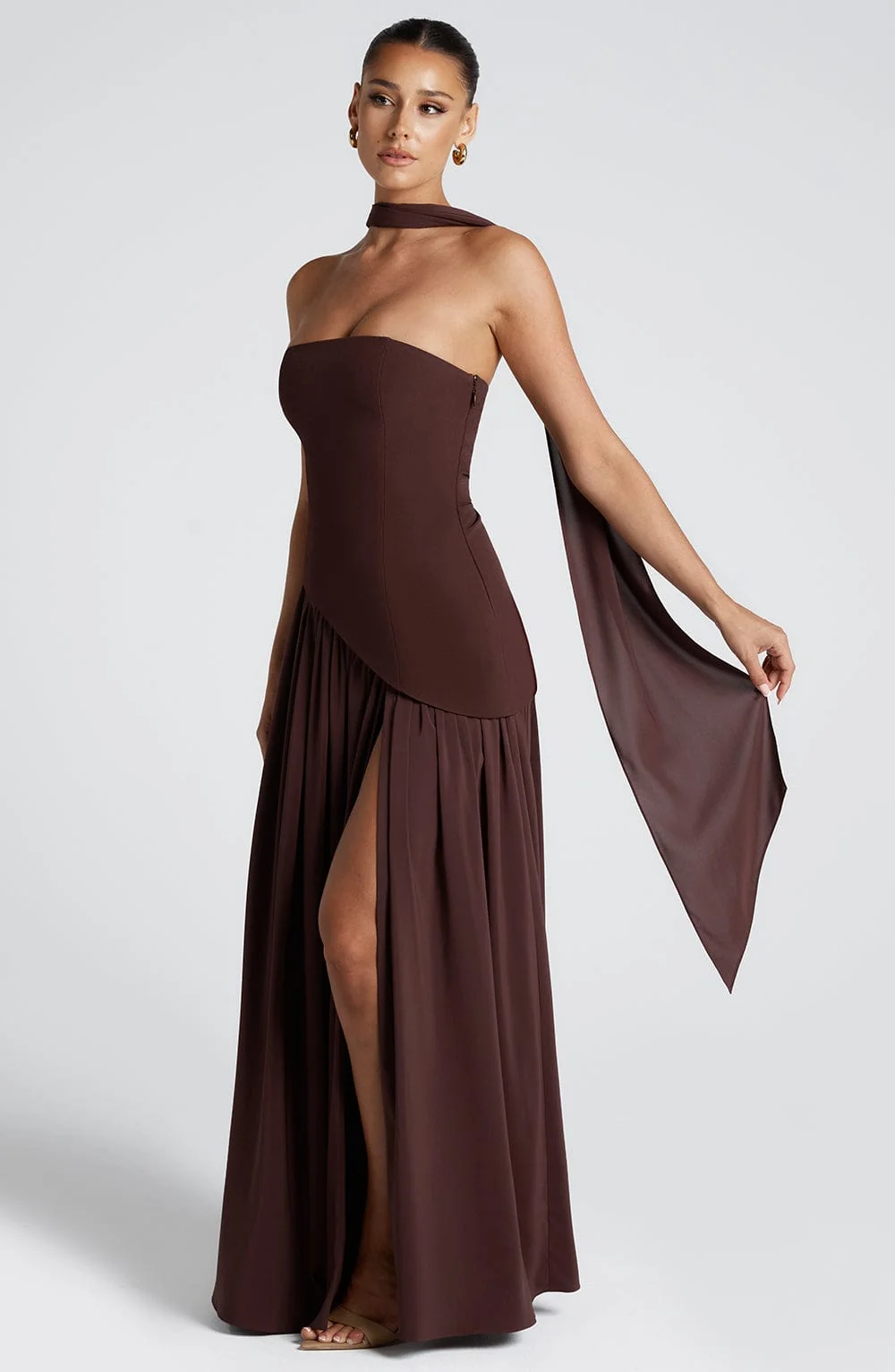 Plum Brown Asymmetrical Hem Maxi Dress with Thigh-High Split