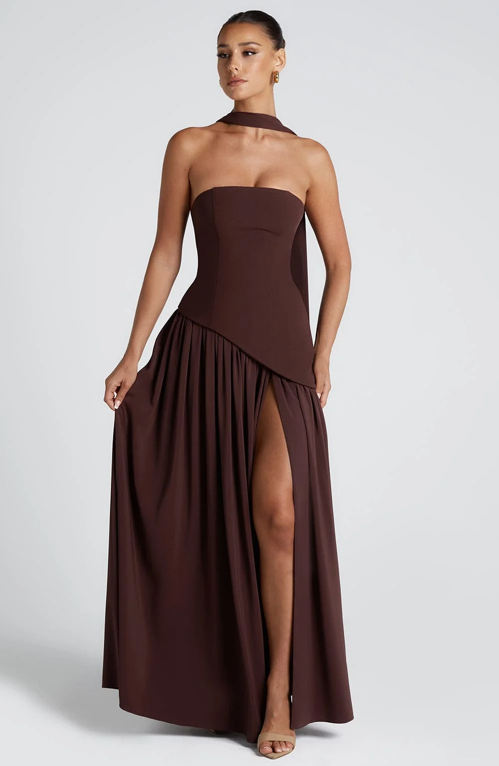 Plum Brown Asymmetrical Hem Maxi Dress with Thigh-High Split