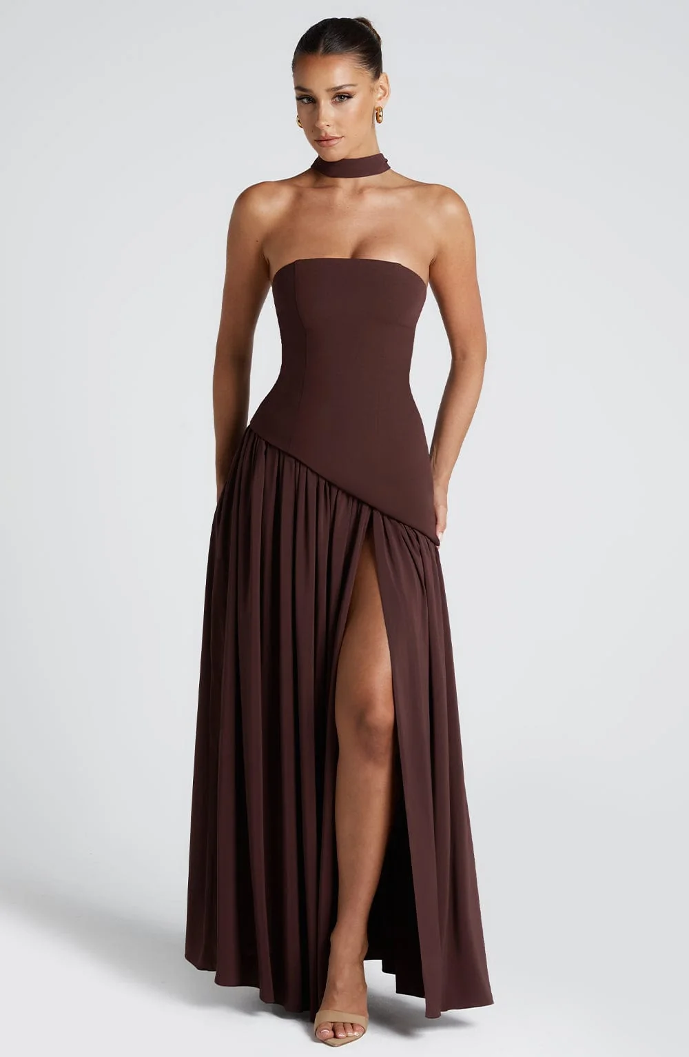 Plum Brown Asymmetrical Hem Maxi Dress with Thigh-High Split