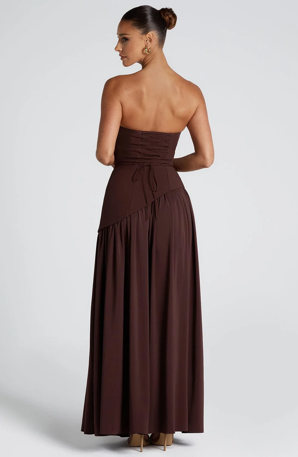 Plum Brown Asymmetrical Hem Maxi Dress with Thigh-High Split