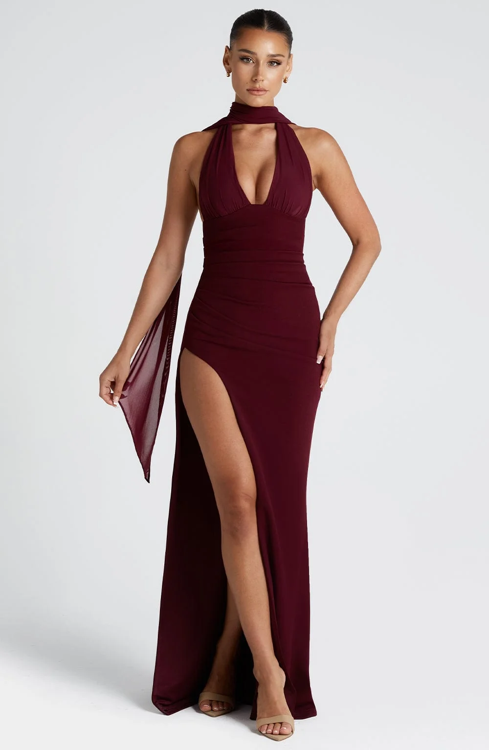 Cherry Lacquer Maxi Dress with Plunging Neckline - Elegant Statement Piece